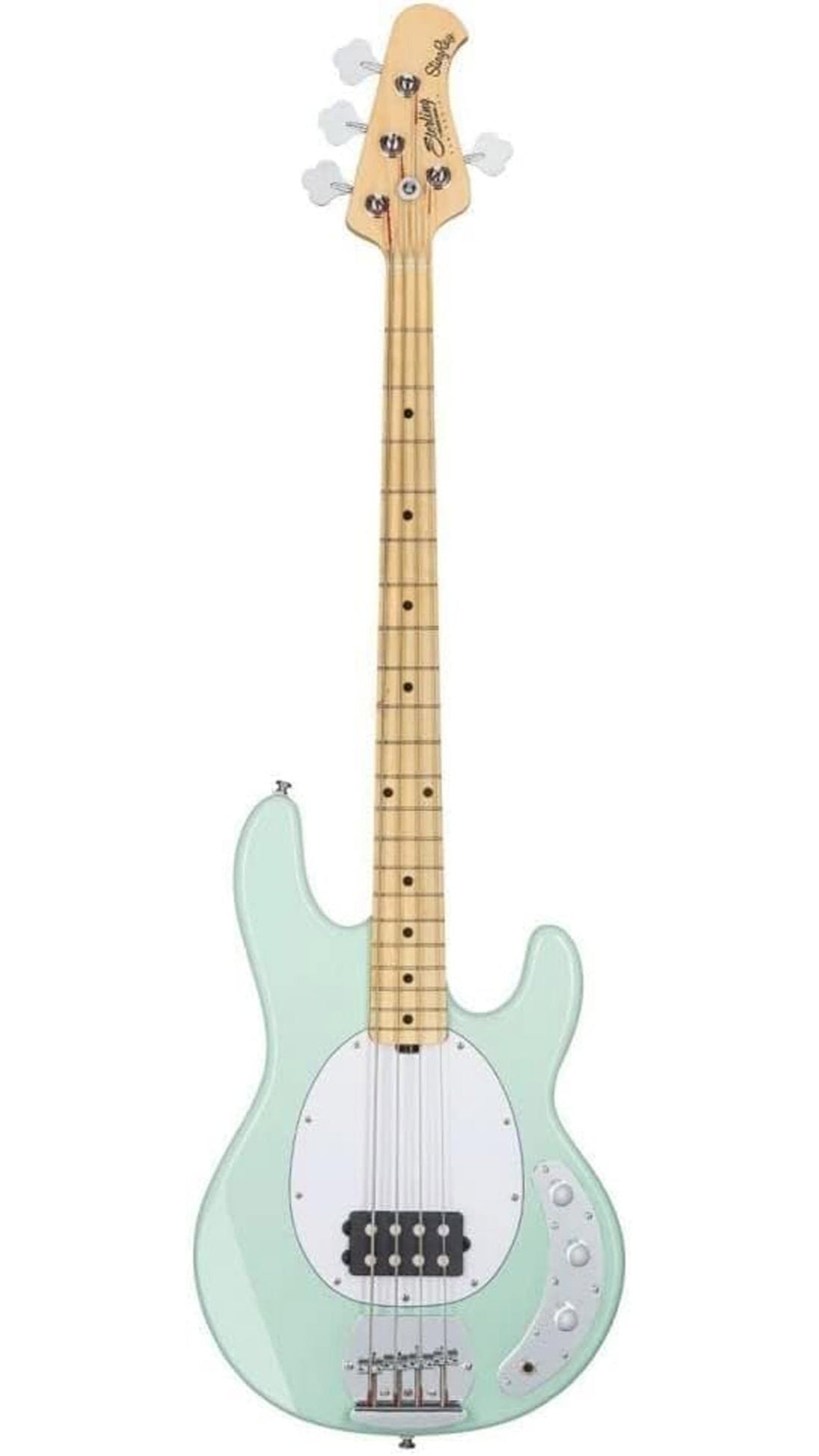 Electric bass guitar with a light green body and white pickguard on a white background