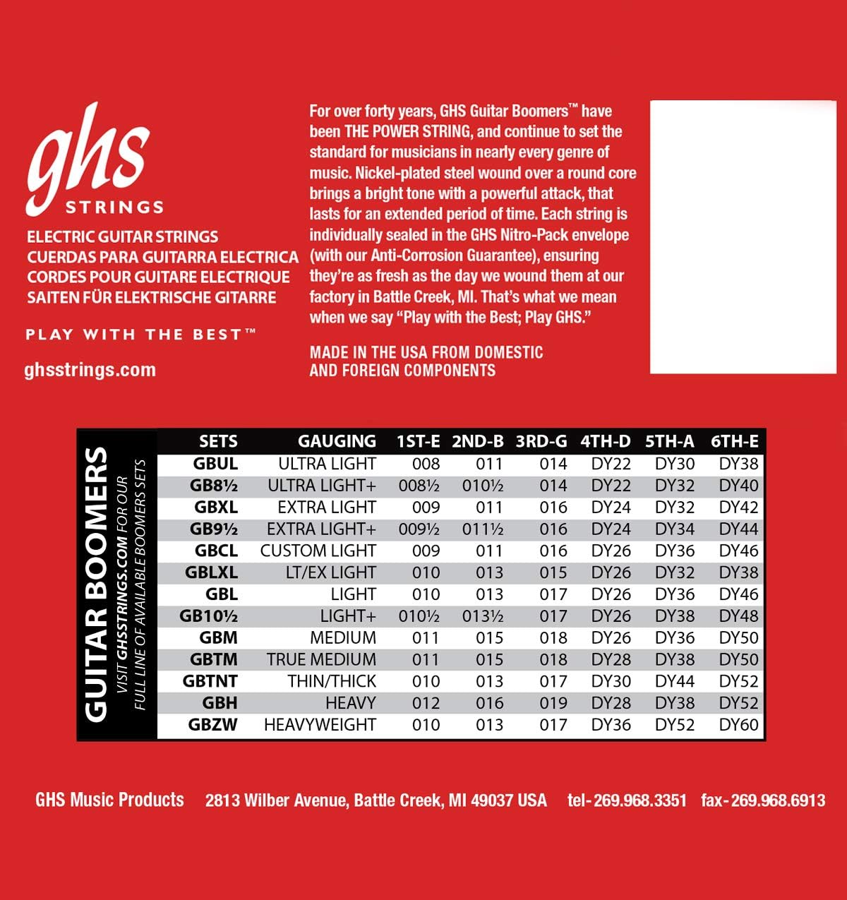 GHS Strings GBM Boomers Roundwound Medium Electric Guitar Strings, 11-50