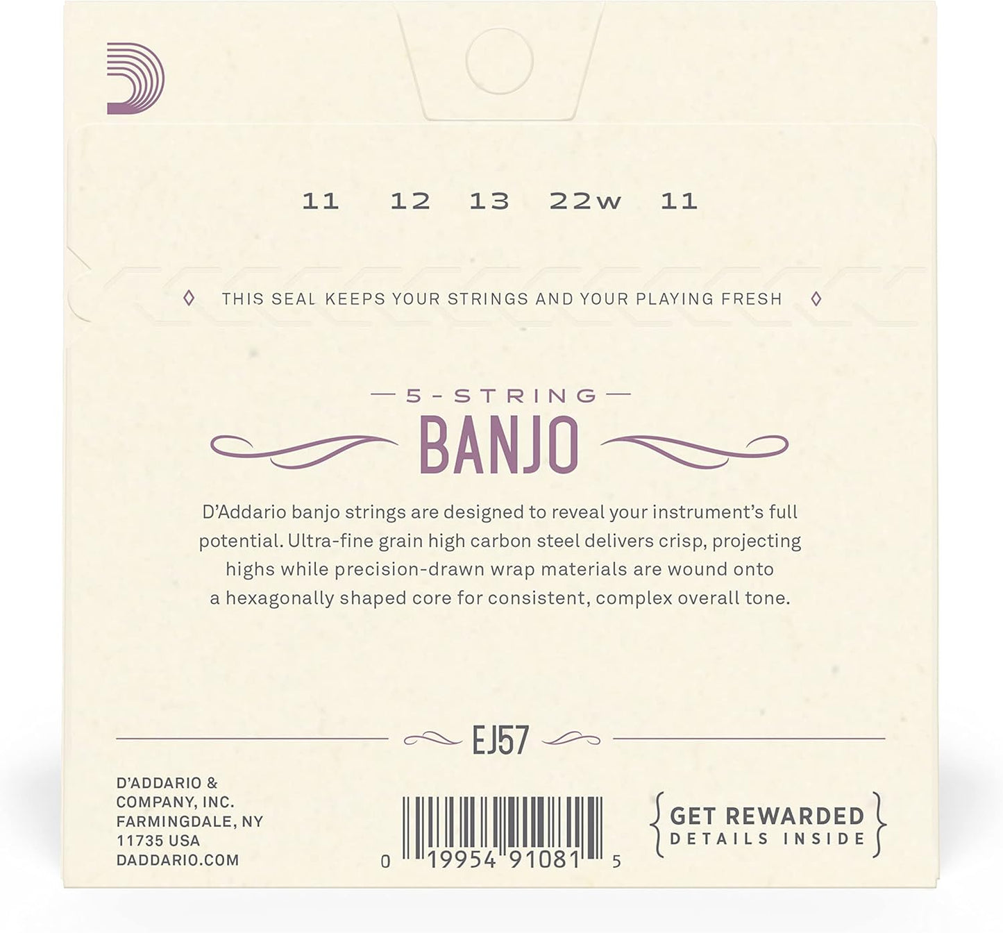 D'Addario EJ57 5-String Banjo Strings, Nickel, Custom Medium, 11-22