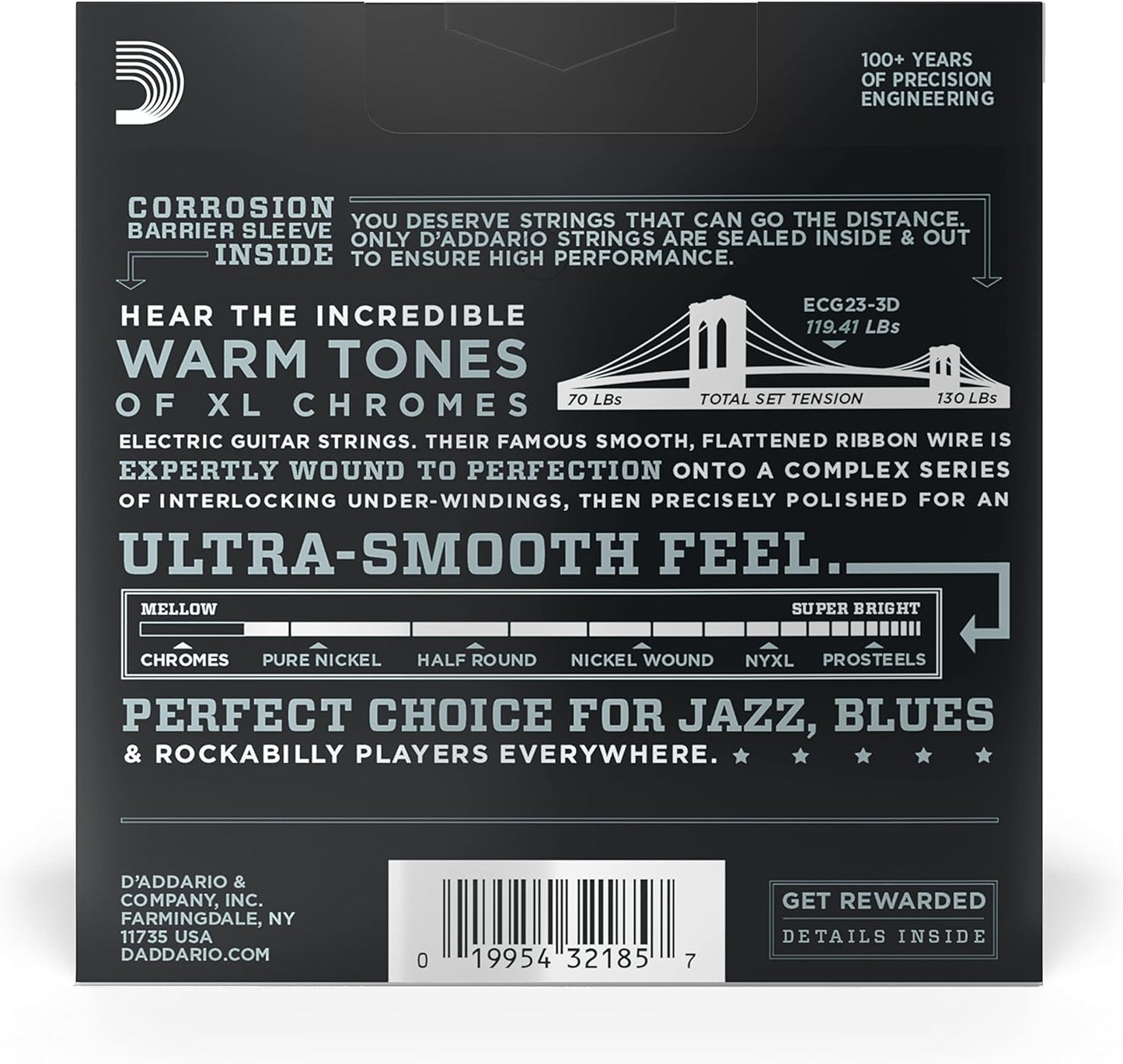 D'Addario ECG23-3D Chromes Flat Wound Guitar Strings, Extra Light, 10-48, 3-Pack