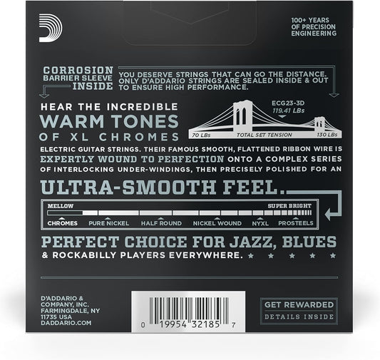 D'Addario ECG23-3D Chromes Flat Wound Guitar Strings, Extra Light, 10-48, 3-Pack