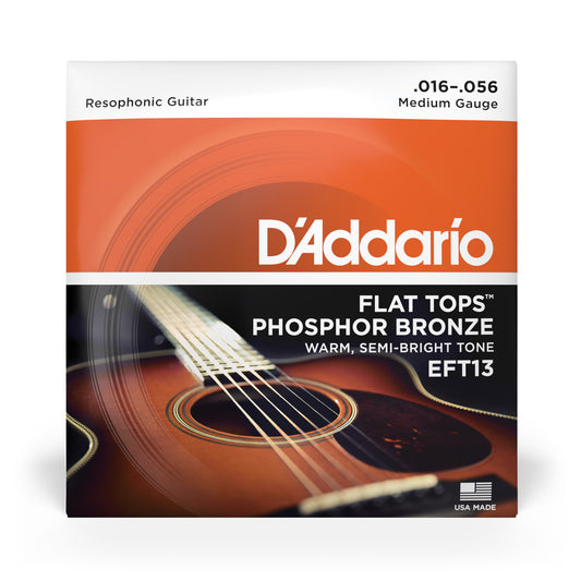 D'Addario EFT13 Medium Resophonic, Flat Tops Phosphor Bronze Acoustic Guitar Strings, 16-56