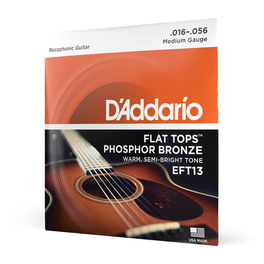 D'Addario EFT13 Medium Resophonic, Flat Tops Phosphor Bronze Acoustic Guitar Strings, 16-56