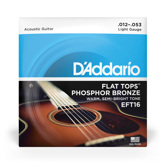 D'Addario EFT16 Light, Flat Tops Phosphor Bronze Acoustic Guitar Strings, 12-53