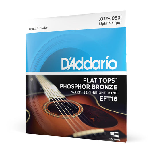D'Addario EFT16 Light, Flat Tops Phosphor Bronze Acoustic Guitar Strings, 12-53