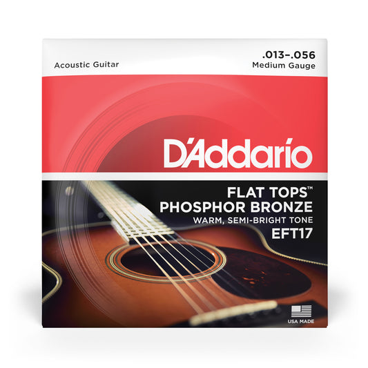 D'Addario EFT17 Medium, Flat Tops Phosphor Bronze Acoustic Guitar Strings, 13-56