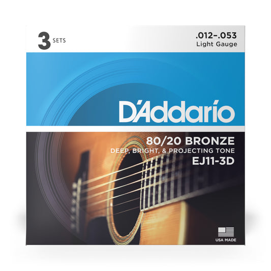 D'Addario EJ11-3D 80/20 Bronze Acoustic Guitar Strings, Light, 12-53, 3-Pack