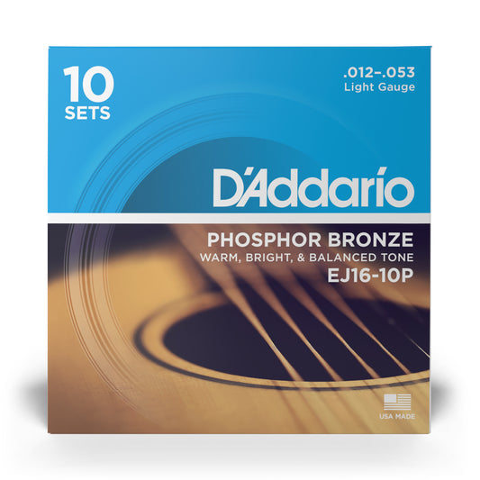 D'Addario EJ16-10P Light, Phosphor Bronze Acoustic Guitar Strings 10-Pack, 12-53