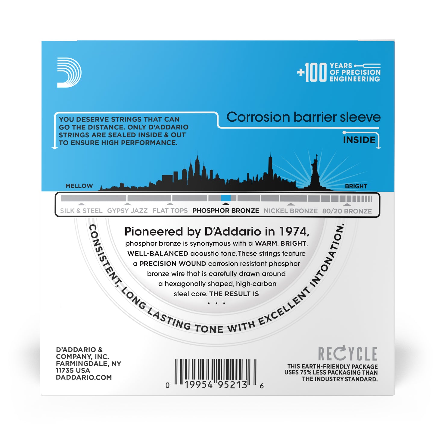 D'Addario EJ16-10P Light, Phosphor Bronze Acoustic Guitar Strings 10-Pack, 12-53