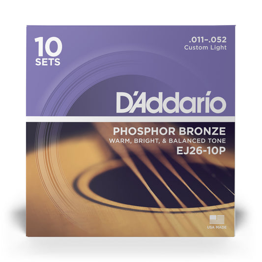 D'Addario EJ26-10P Custom Light, Phosphor Bronze Acoustic Guitar Strings 10-Pack, 11-52