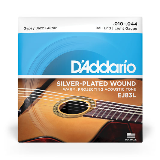 D'Addario EJ83L Light Ball End, Gypsy Jazz Acoustic Guitar Strings, 10-44