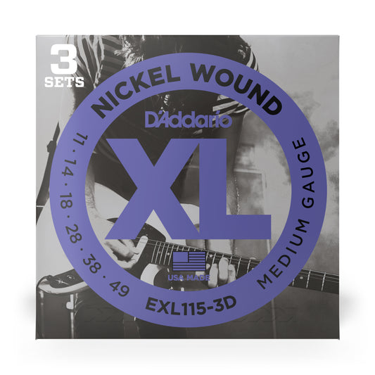 D'Addario EXL115-3D Medium, XL Nickel Electric Guitar Strings 3-Pack, 11-49