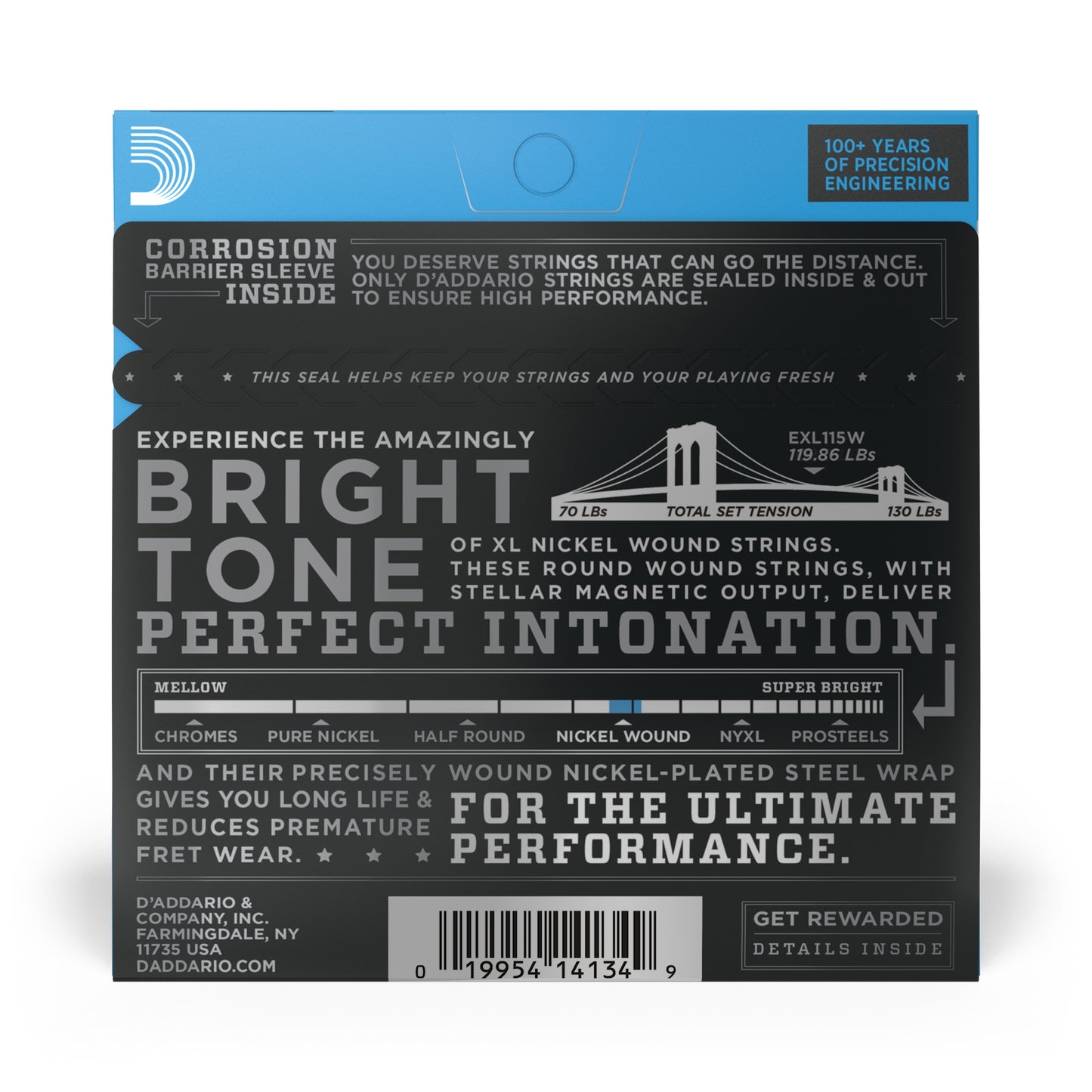 D'Addario EXL115W Nickel Wound, Medium/Blues-Jazz Rock, Wound 3rd, 11-49