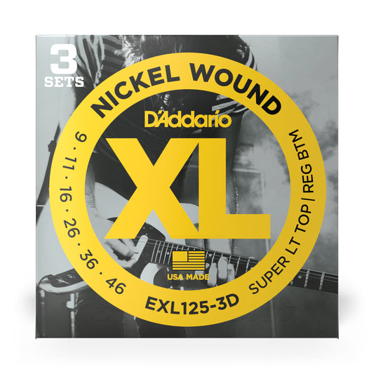 D'Addario EXL125-3D Nickel Wound, Super Light Top/ Regular Bottom, 09-46, 3 Pack