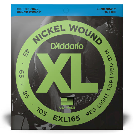 D'Addario EXL165 Regular Light Top/Medium Bottom, Long Scale, XL Nickel Bass Strings, 45-105