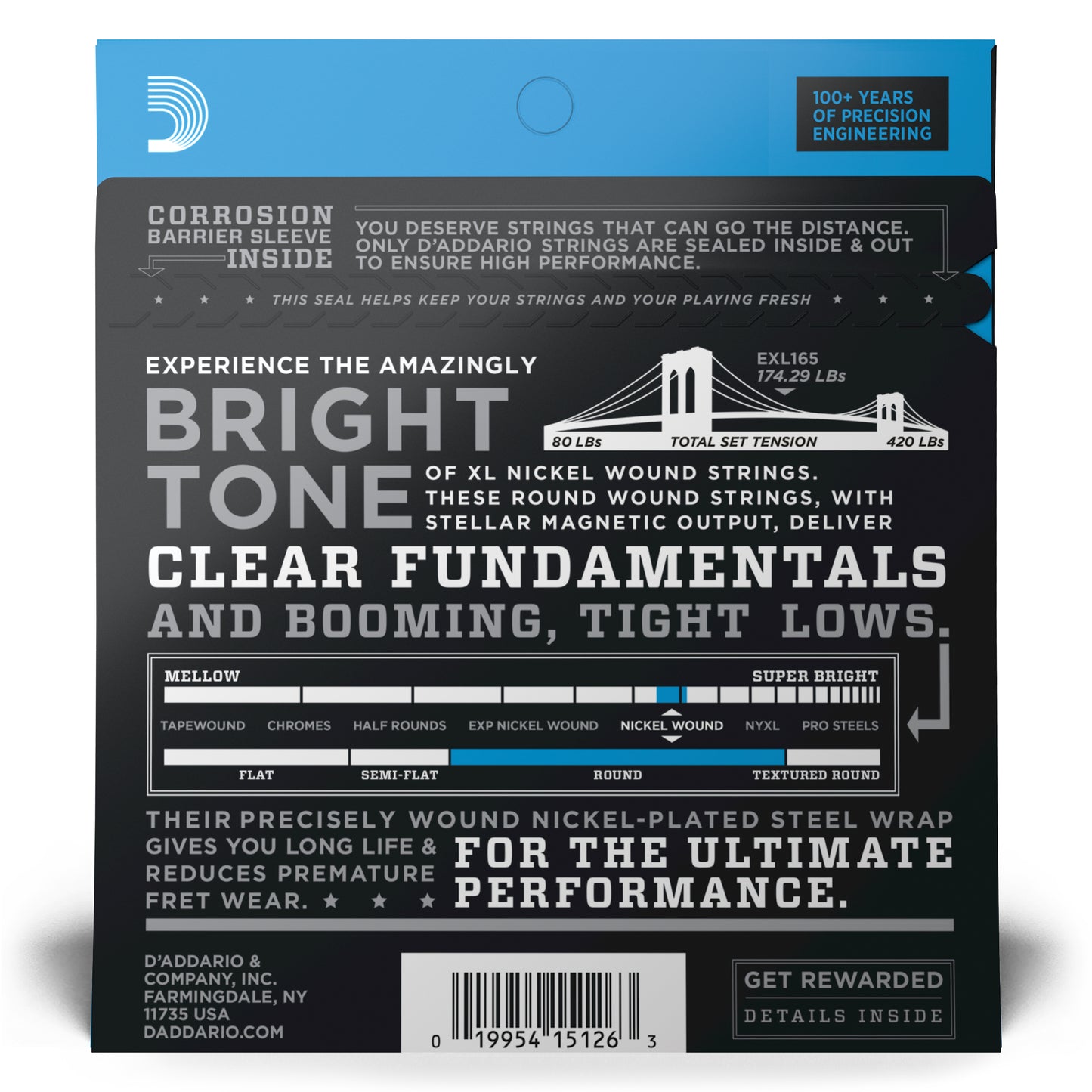 D'Addario EXL165 Regular Light Top/Medium Bottom, Long Scale, XL Nickel Bass Strings, 45-105