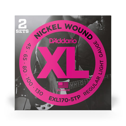 D'Addario EXL170-5TP 2-Pack, Regular Light 5-String, Long Scale, XL Nickel Bass Strings, 45-130
