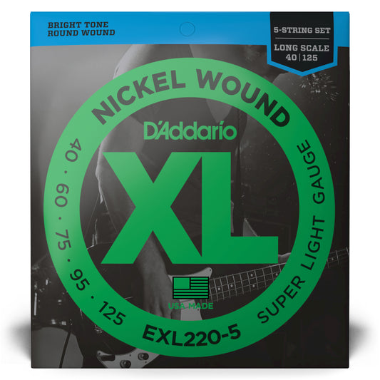 D'Addario Super Light 5-String, Long Scale, XL Nickel Bass Strings, 40-125