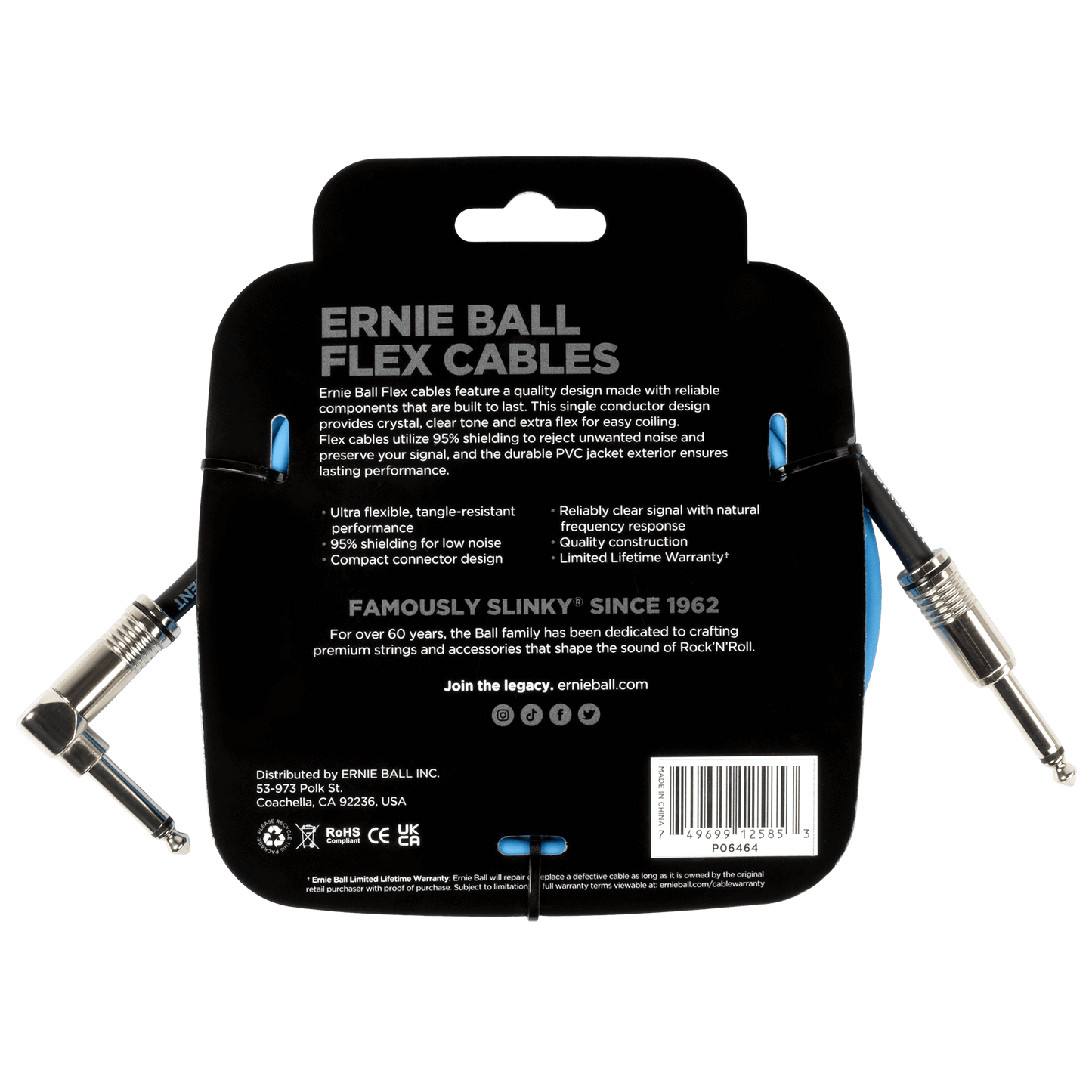 Ernie Ball Flex Instrument Cable Straight/Angle 10ft, Blue, P06464