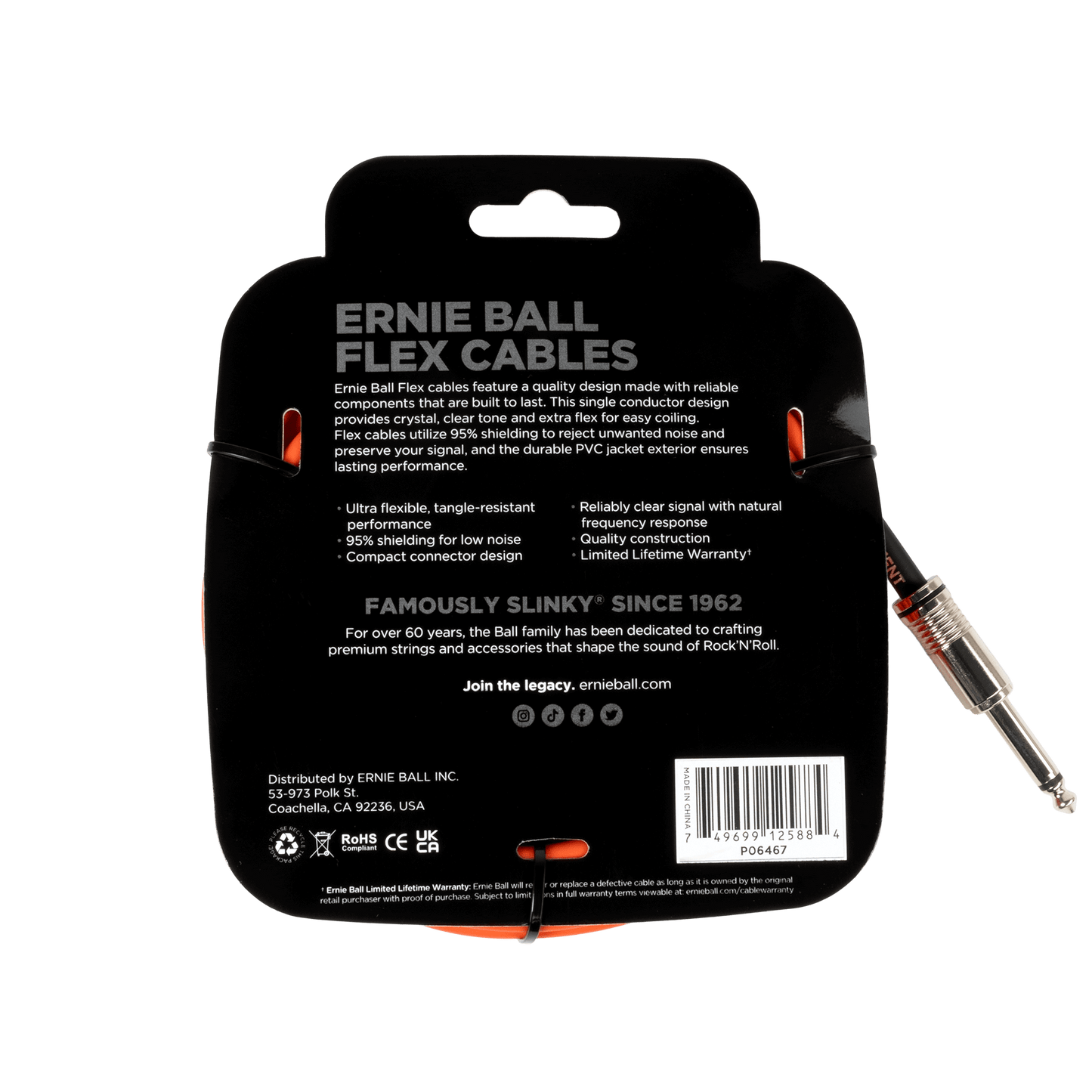 Ernie Ball Flex Instrument Cable Straight/Angle 20ft, Orange, P06467