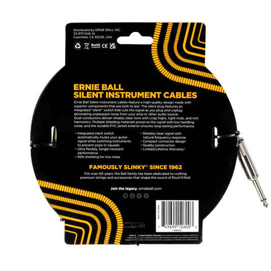 Ernie Ball Classic Silent Instrument Cable, Straight/Straight 10ft, Black, P06472