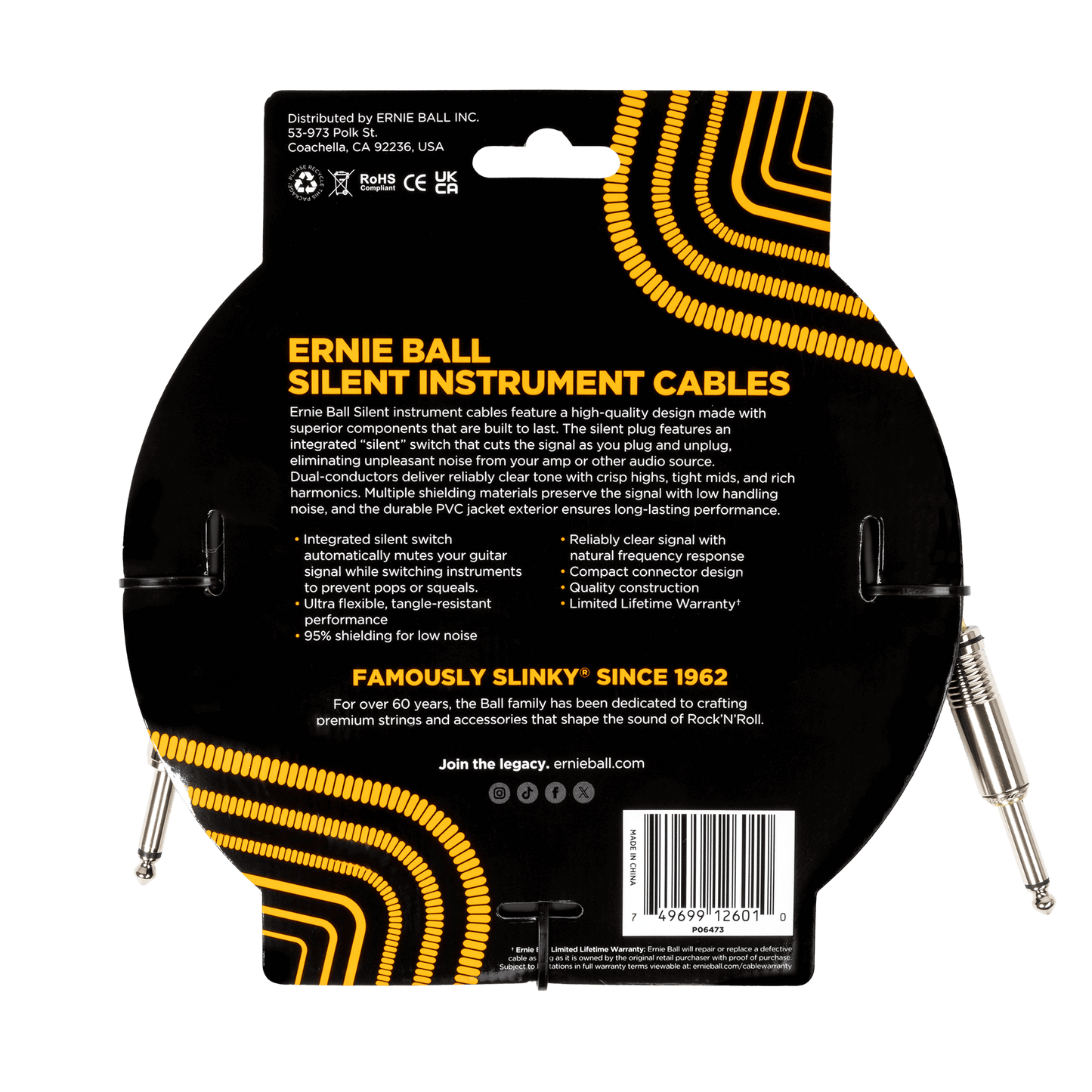 Ernie Ball Classic Silent Instrument Cable, Straight/Straight 20ft, Black, P06473