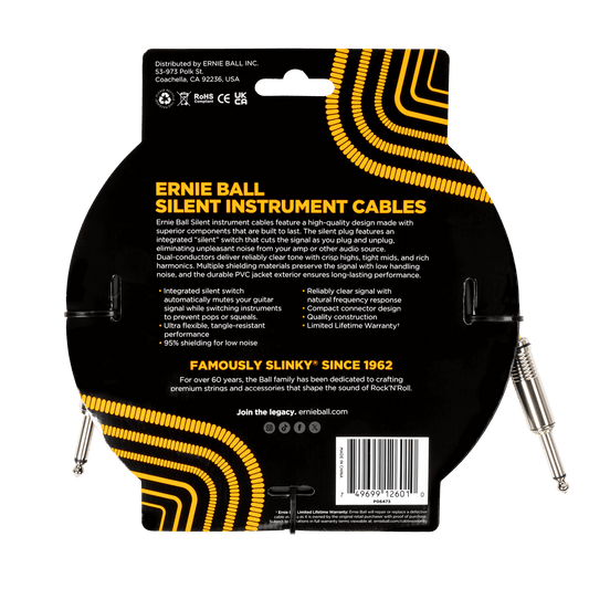 Ernie Ball Classic Silent Instrument Cable, Straight/Straight 20ft, Black, P06473