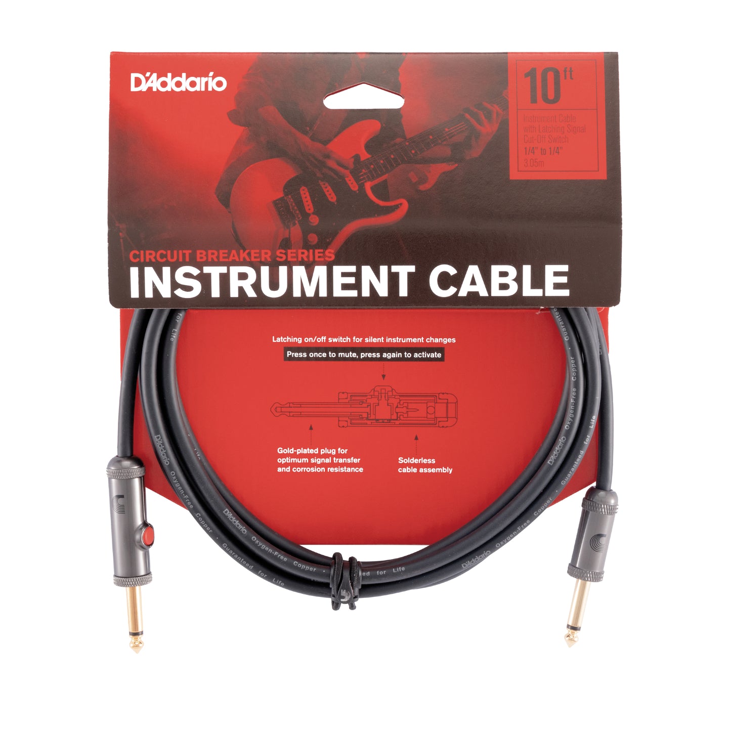 D'Addario Circuit Breaker Instrument Cable with Latching Cut-Off Switch, Straight Plug, 10 feet