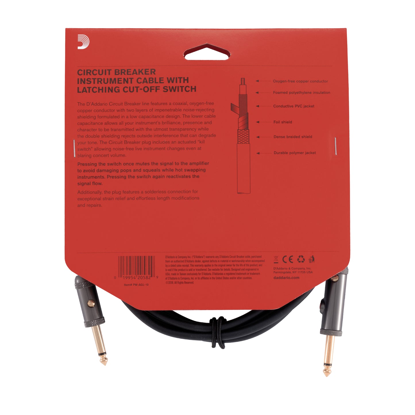 D'Addario Circuit Breaker Instrument Cable with Latching Cut-Off Switch, Straight Plug, 10 feet