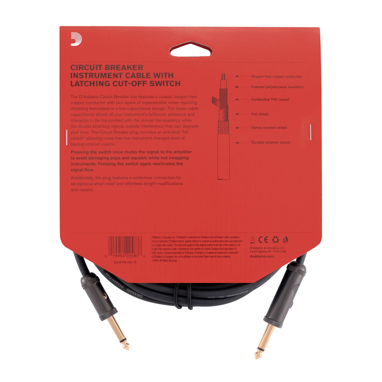 D'Addario Circuit Breaker Instrument Cable with Latching Cut-Off Switch, Straight Plug, 15 feet