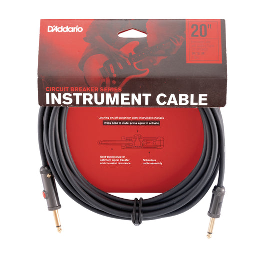 D'Addario Circuit Breaker Instrument Cable with Latching Cut-Off Switch, Straight Plug, 20 feet
