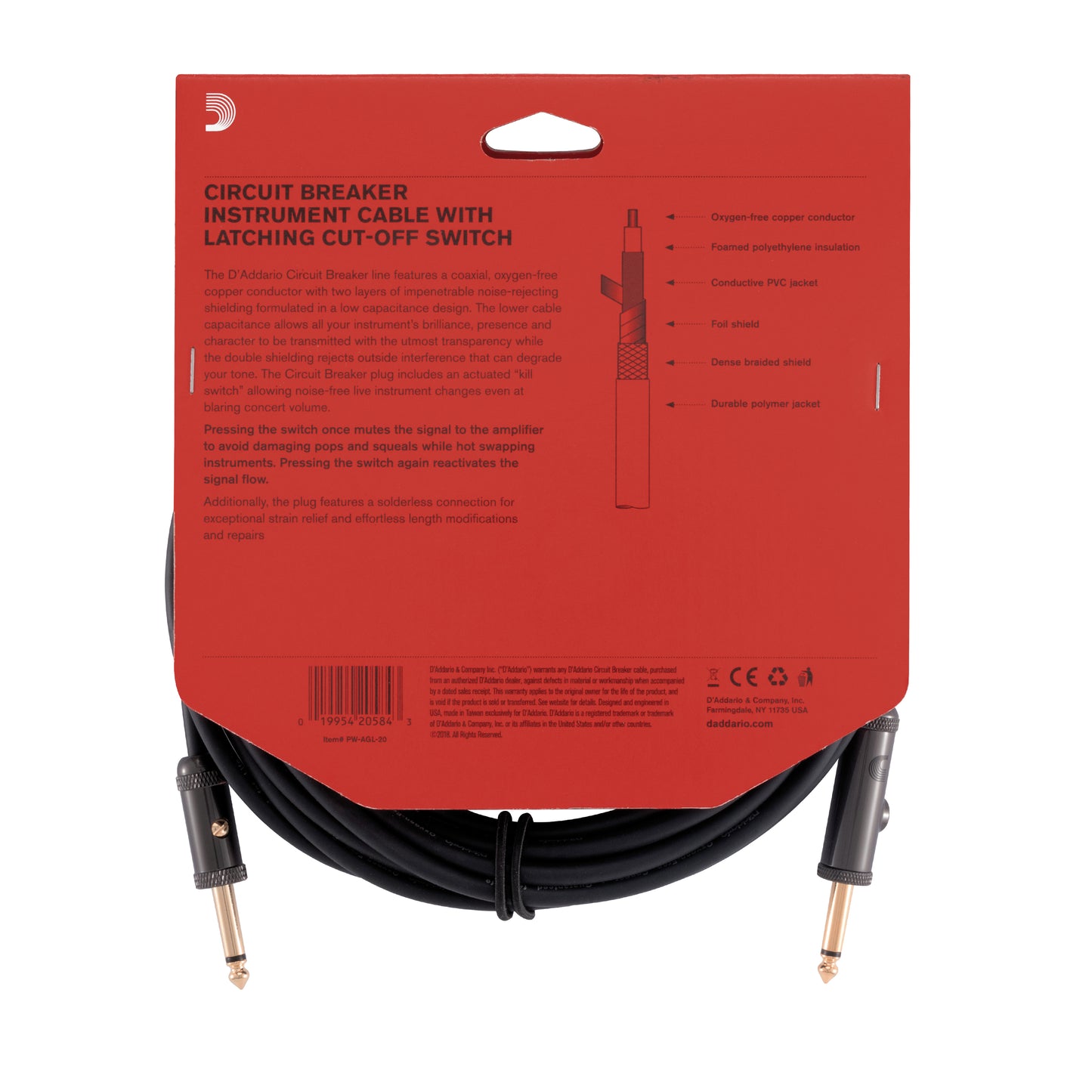 D'Addario Circuit Breaker Instrument Cable with Latching Cut-Off Switch, Straight Plug, 20 feet