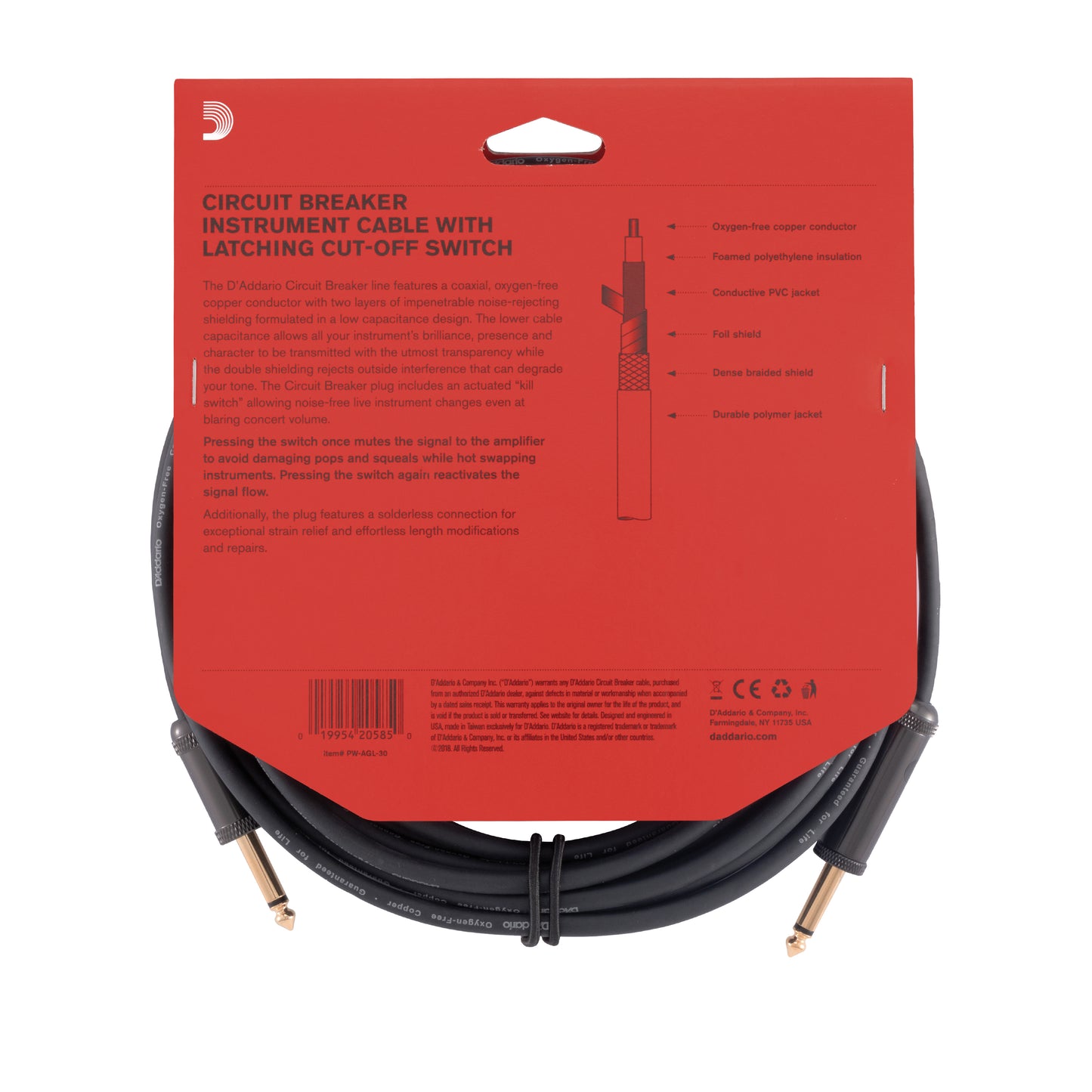 D'Addario Circuit Breaker Instrument Cable with Latching Cut-Off Switch, Straight Plug, 30 feet