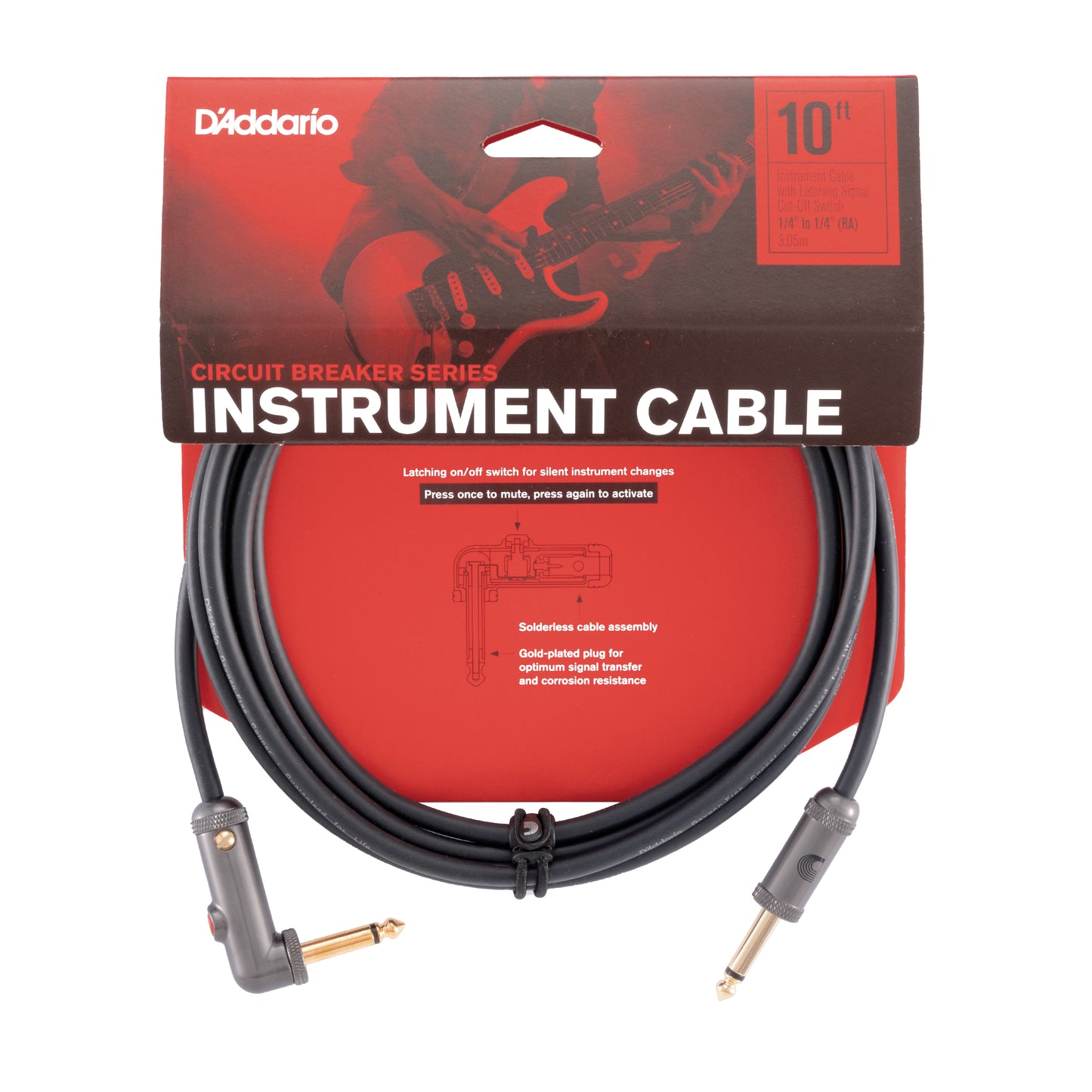 D'Addario Circuit Breaker Instrument Cable with Latching Cut-Off Switch, Right Angle Plug, 10 feet