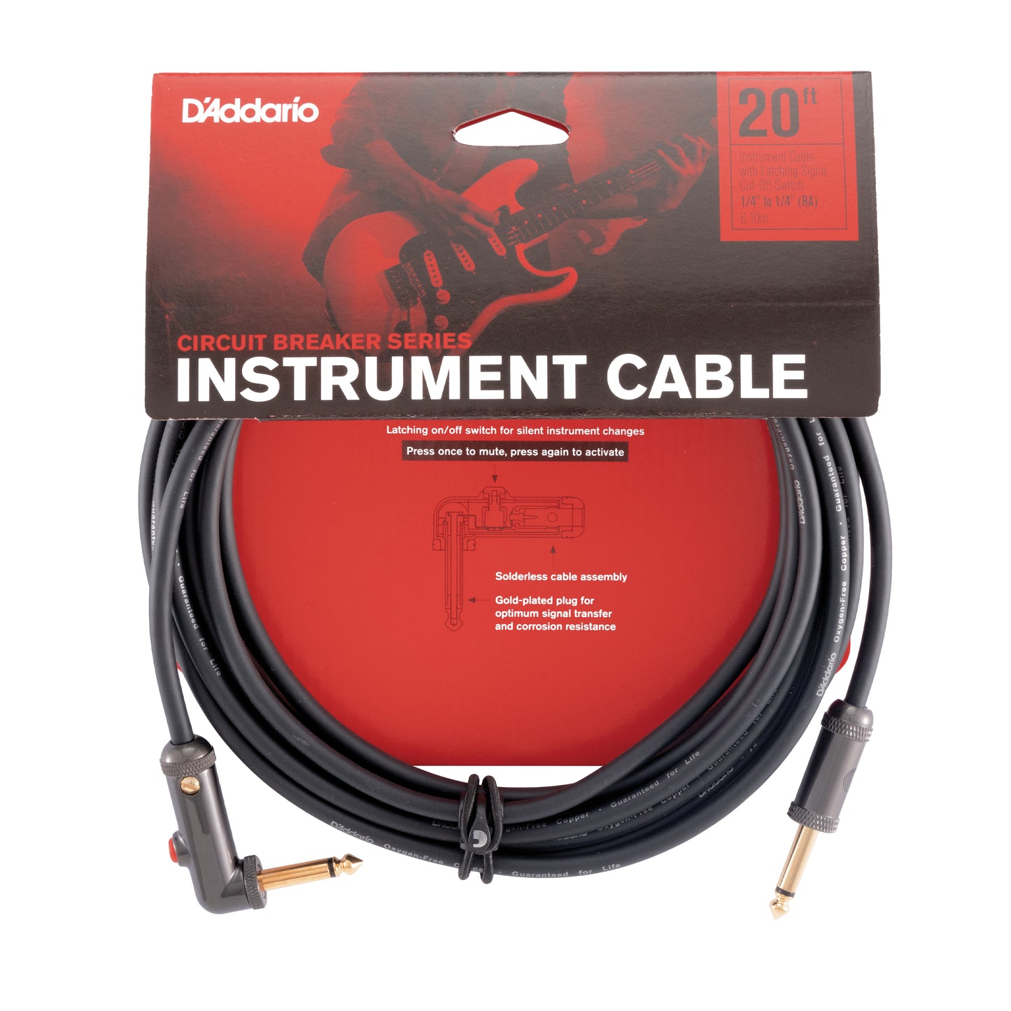 D'Addario Circuit Breaker Instrument Cable with Latching Cut-Off Switch, Right Angle Plug, 20 feet