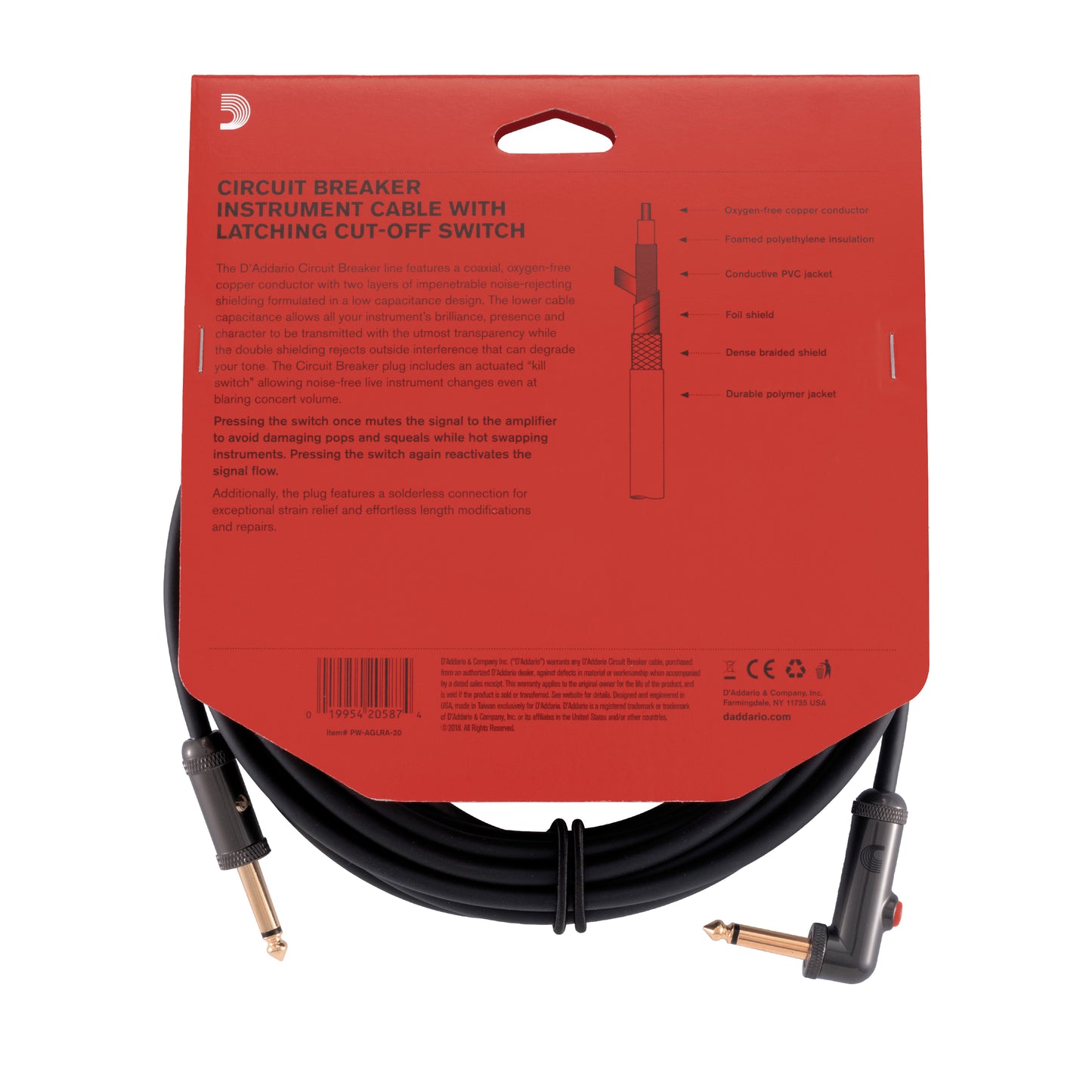 D'Addario Circuit Breaker Instrument Cable with Latching Cut-Off Switch, Right Angle Plug, 20 feet