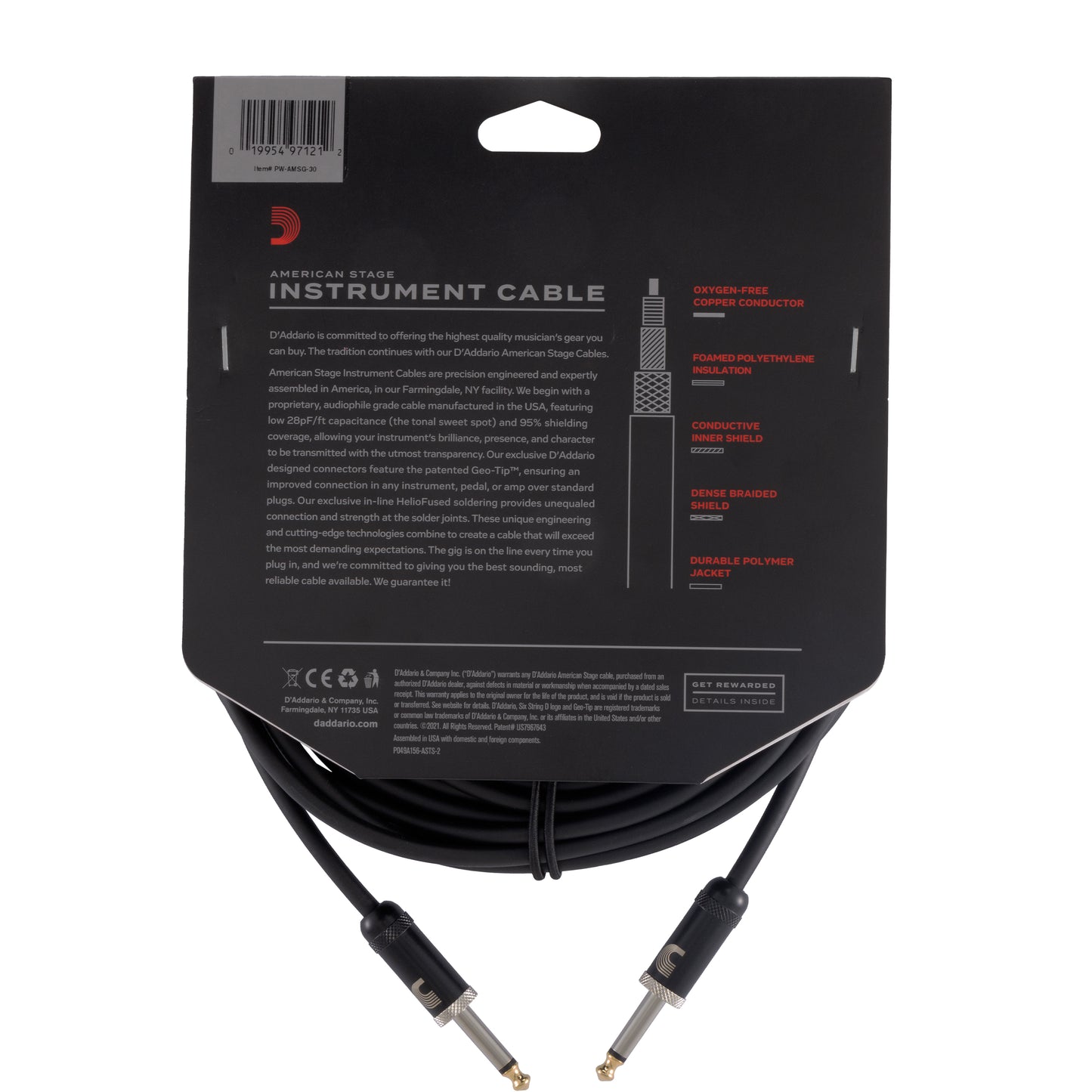 D'Addario American Stage Instrument Cable, 30 feet, PW-AMSG-30