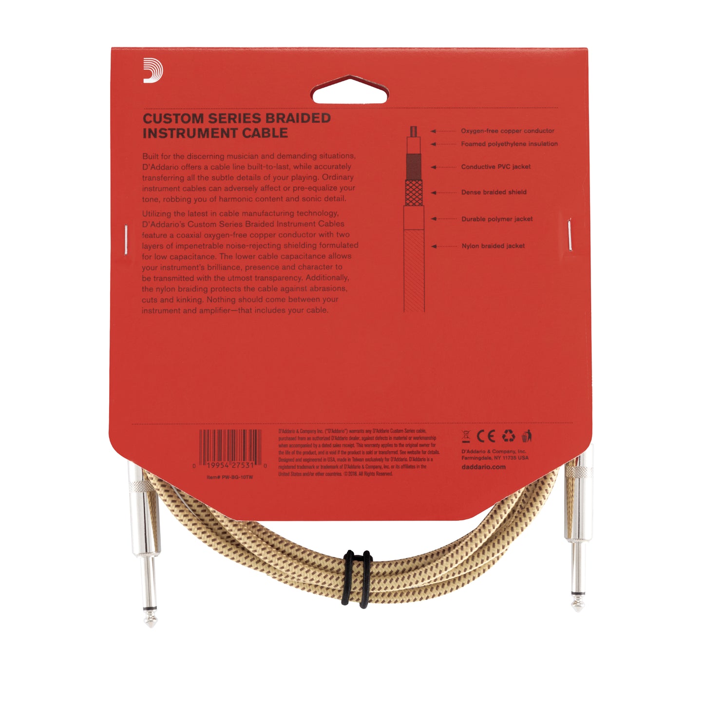 D'Addario Custom Series Braided Instrument Cable, Tweed, 10'