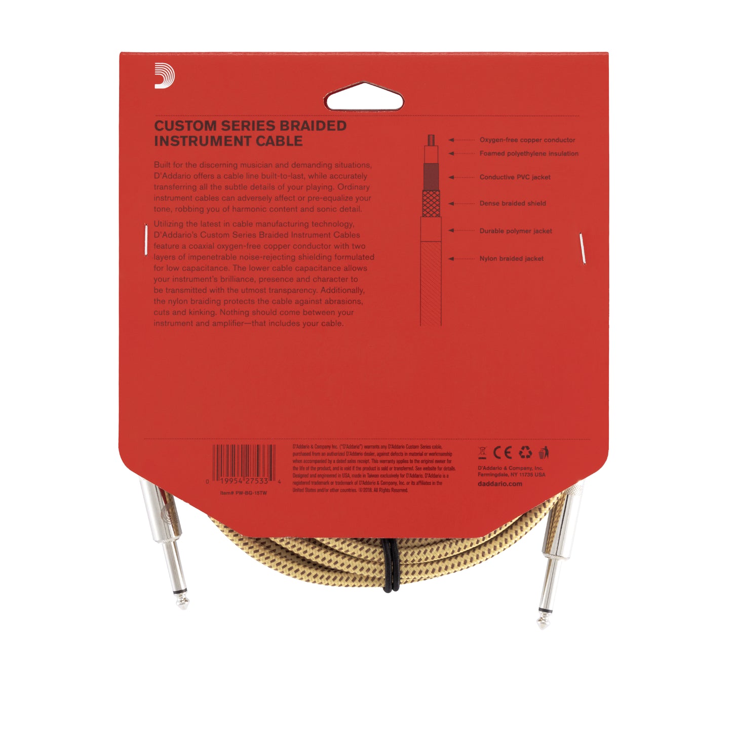 D'Addario Custom Series Braided Instrument Cable, Tweed, 15'