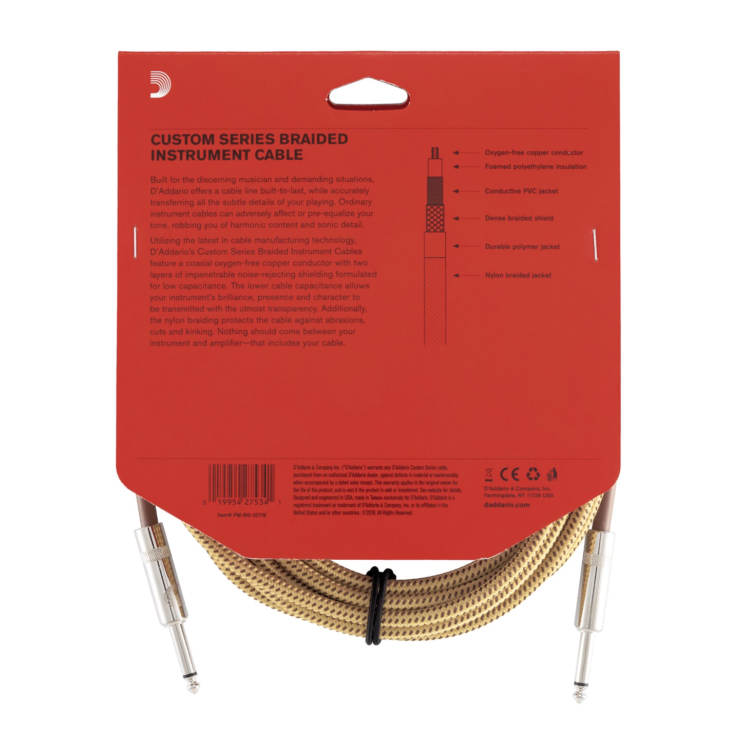 D'Addario Custom Series Braided Instrument Cable, Tweed, 20'