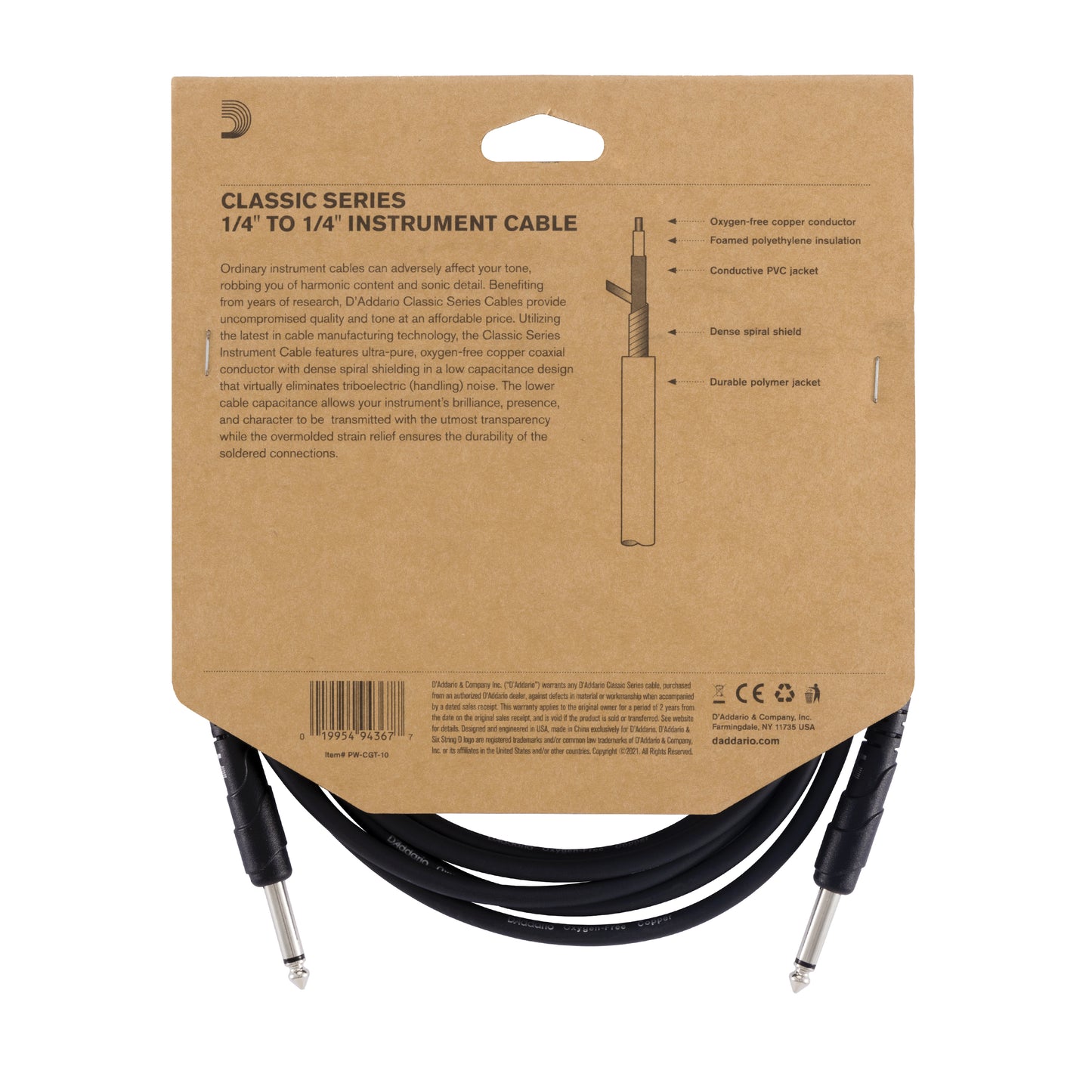 D'Addario Classic Series Instrument Cable, 10 feet