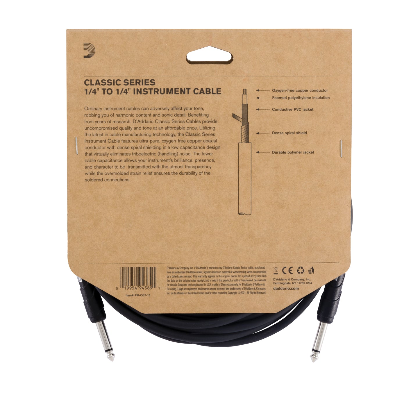 D'Addario Classic Series Instrument Cable, 15 feet