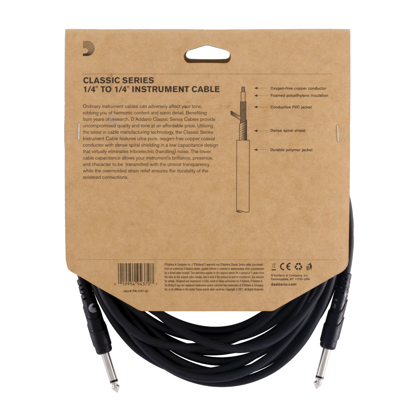 D'Addario Classic Series Instrument Cable, 20 feet