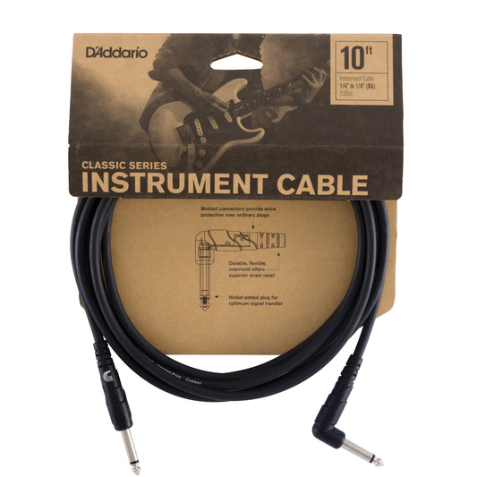 D'Addario Classic Series Instrument Cable, Right Angle Plug, 10 feet