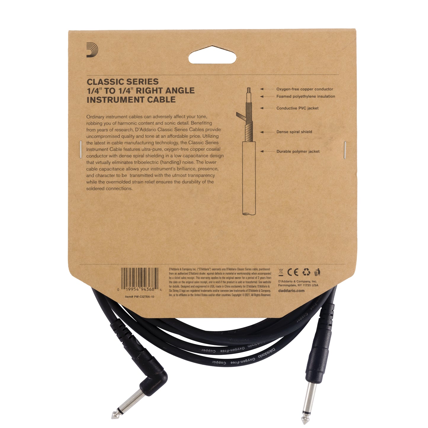 D'Addario Classic Series Instrument Cable, Right Angle Plug, 10 feet