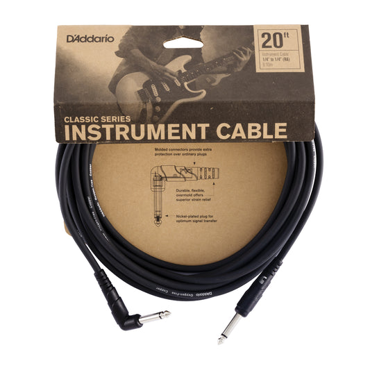 D'Addario Classic Series Instrument Cable, Right Angle Plug, 20 feet