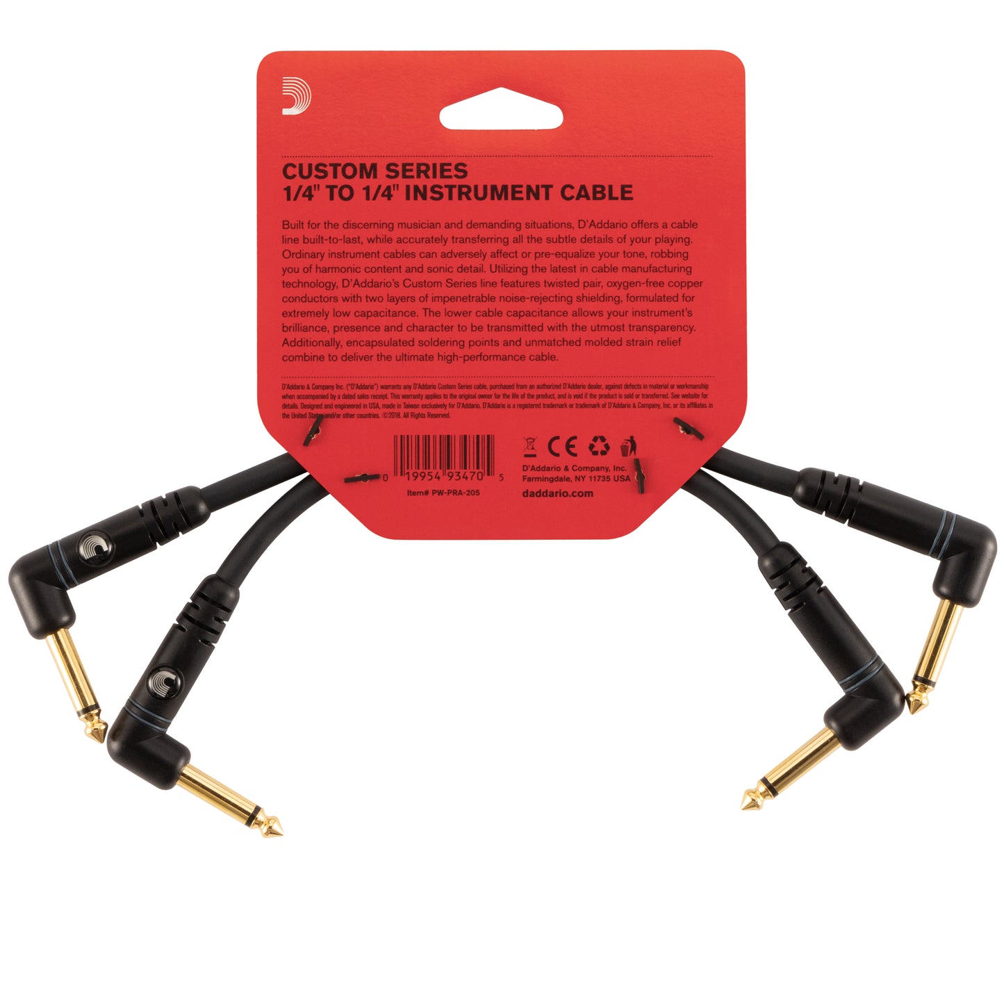 D'Addario Custom Series Patch Cable, 2-pack, Right Angle, 6 Inches