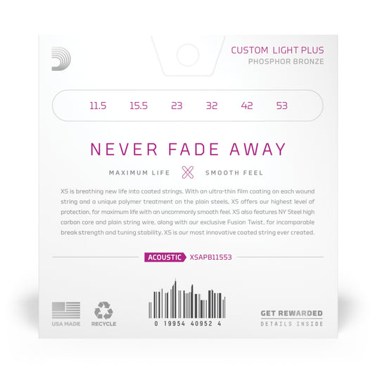 D'Addario XSAPB11553 11.5-53 Custom Light Plus, XS Phosphor Bronze Coated Acoustic Guitar Strings