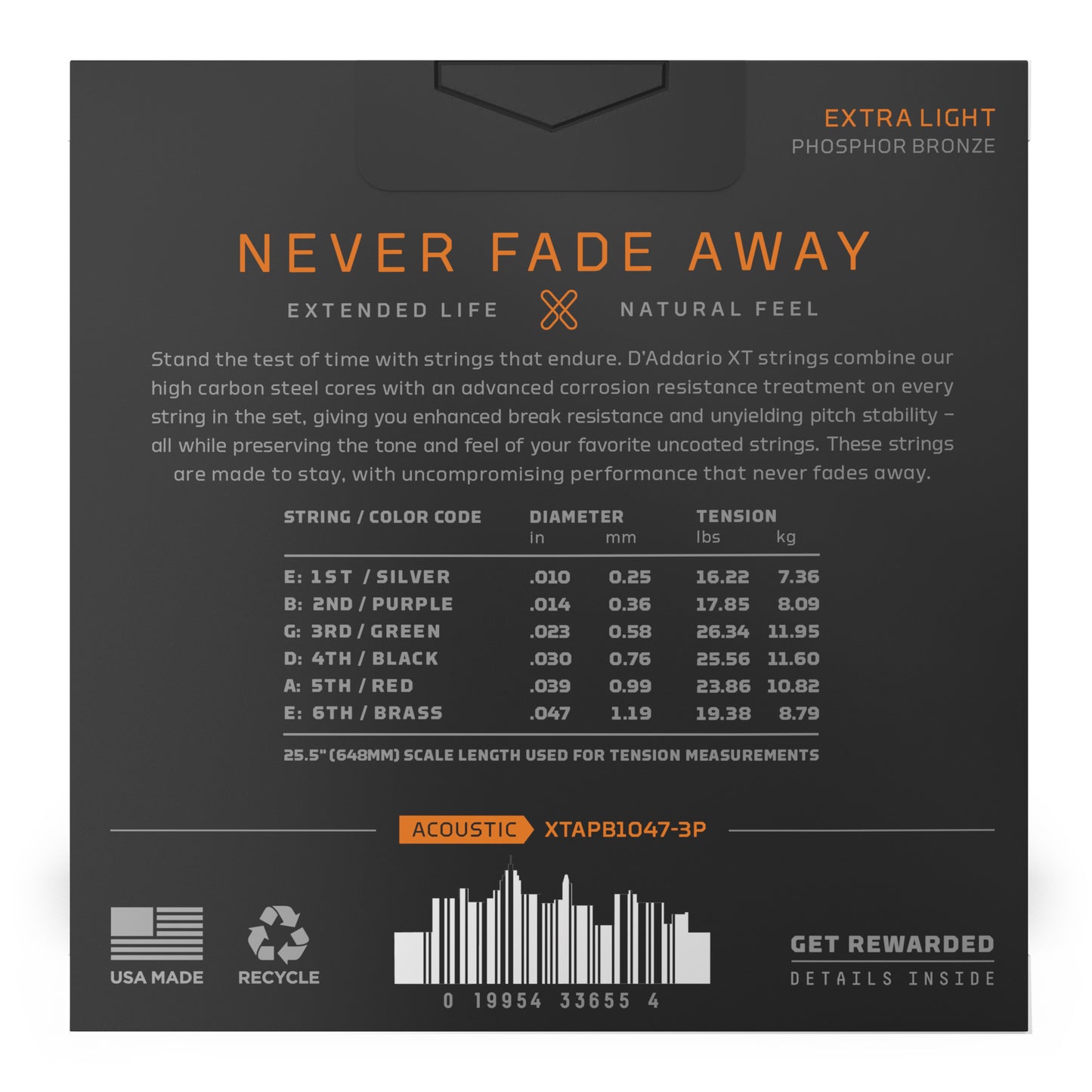 D'Addario XTAPB1047-3P Extra Light, XT Phosphor Bronze Coated Acoustic Guitar Strings, 3-Pack. 10-47