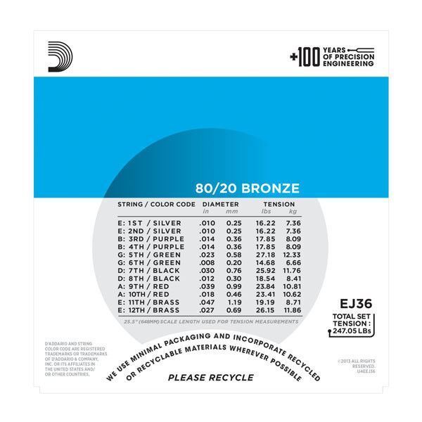 D'Addario EJ36 80/20 Bronze 12-String Acoustic Guitar Strings, Light, 10-47
